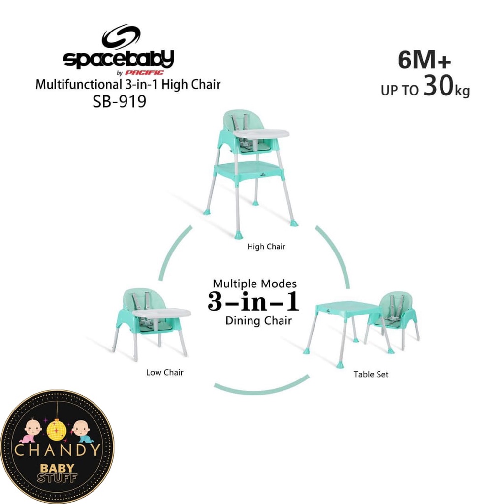 MEJA KURSI MAKAN ANAK MULTIFUNCTIONAL 3IN1 HIGH CHAIR, BOOSTER SEAT &amp; TABLE SPACE BABY SB 919