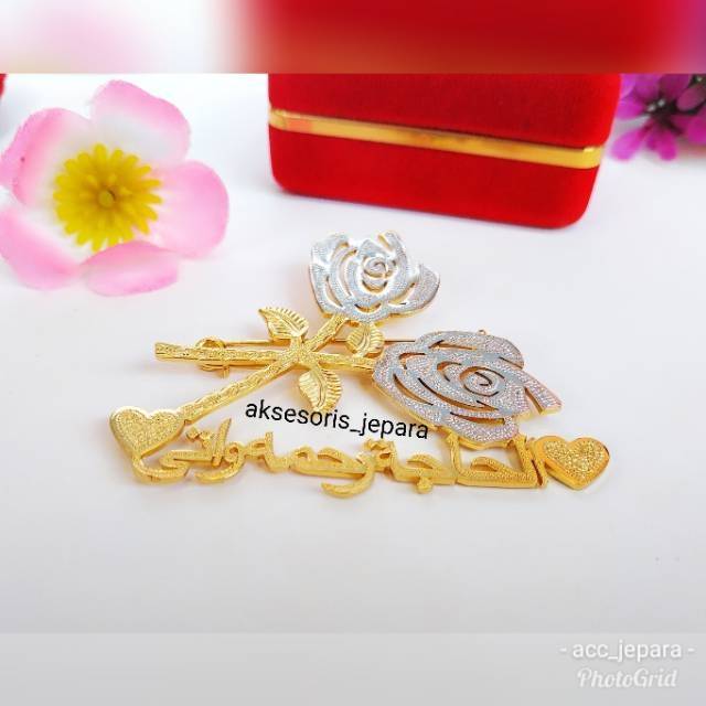 Bros Bunga Ukir Nama Lapis Emas Bros Gold Kombinasi Silver Bros Mawar Pin Nama Pin Hijab Bros Mawar