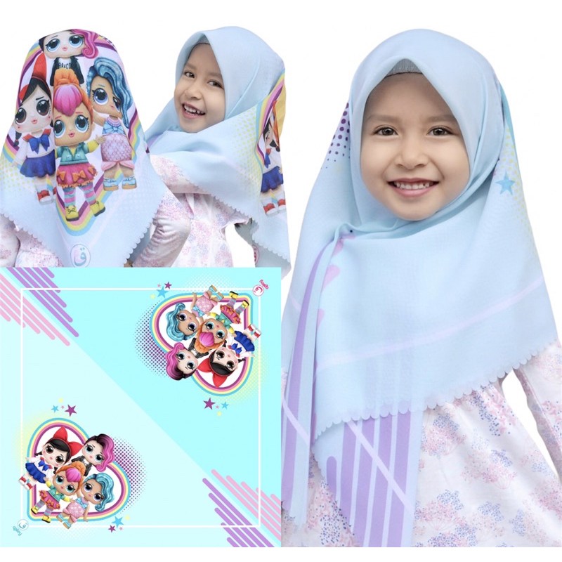 VOAL PRINTING MOTIF LOL 3D LOVE BIRU / HIJAB ANAK KARAKTER LOL / JILBAB ANAK LUCU