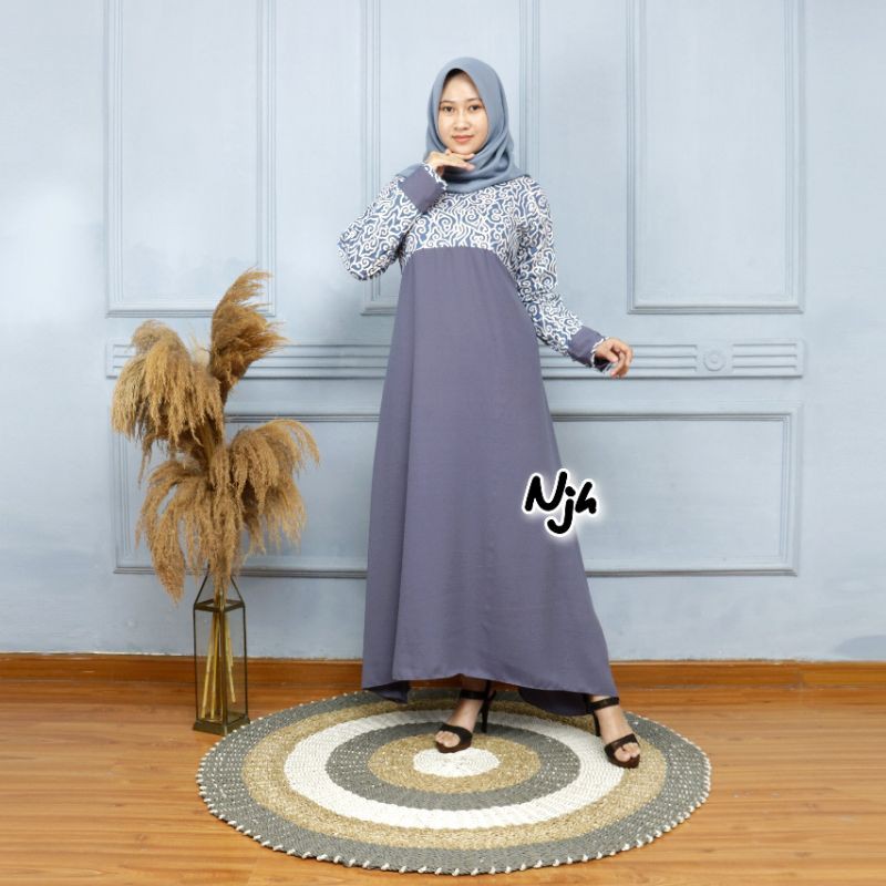 Gamis Mewah M L XL XXL Polos Wollycrep Premium Kombinasi Batik Premium