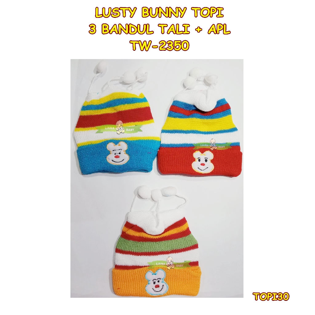 TOPI30 TOPI BAYI LUSTY BUNNY TOPI RAJUT 3 BANDUL TALI TW-2350