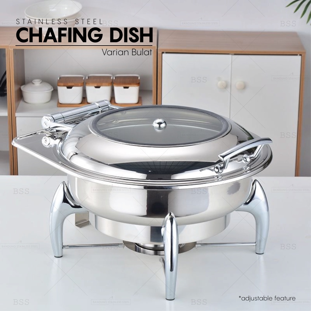 Chafing Dish Hidrolik Hydraulic 6L Prasmanan Stainless Kaca Tebal Kotak Bulat Wadah Tempat Makanan Saji Mewah Elegan