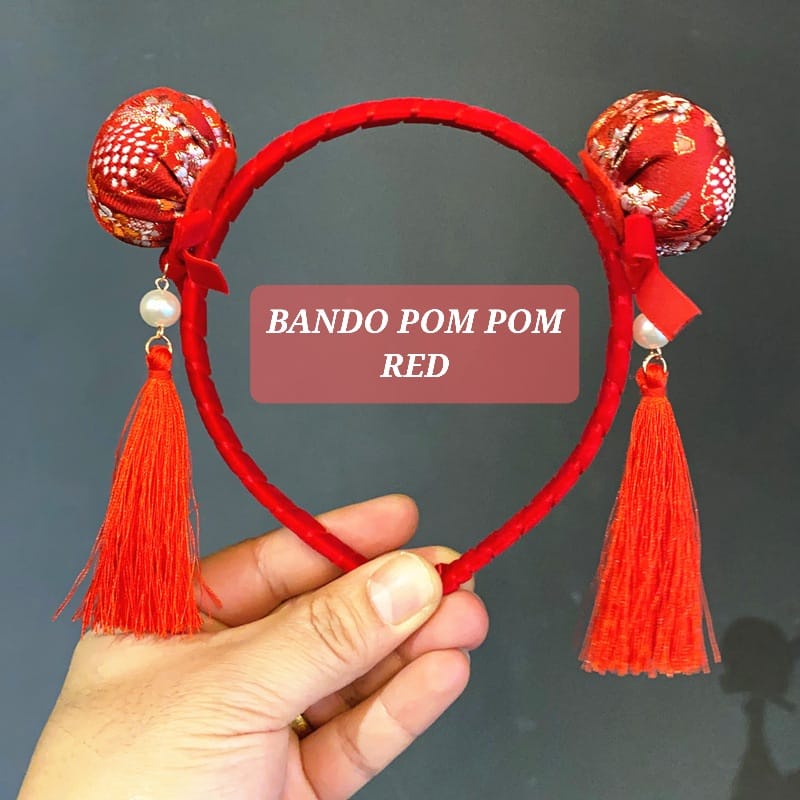 BANDO POM POM MERAH AKSESORIS IMLEK FASHION ANAK CEWEK IMPORT CHONGSAM JEPITAN RAMBUT