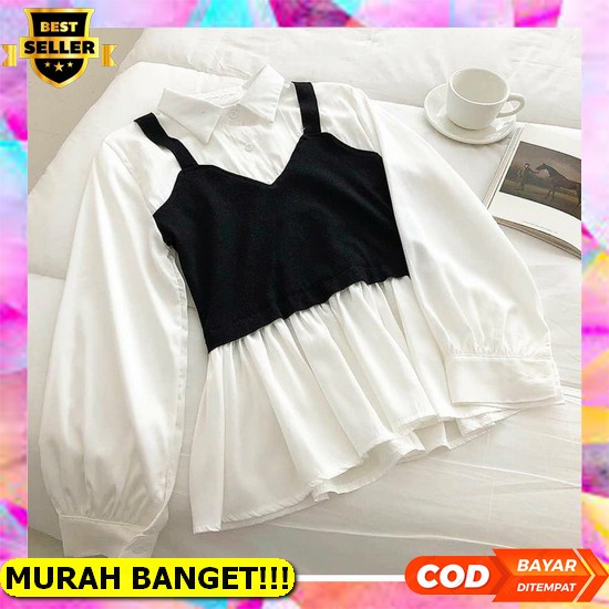7259 Baju Atasan Pakaian Kostum Blus Blose Blouse Kemeja Lengan Panjang Balon Puff Kerah Dasi Pita F