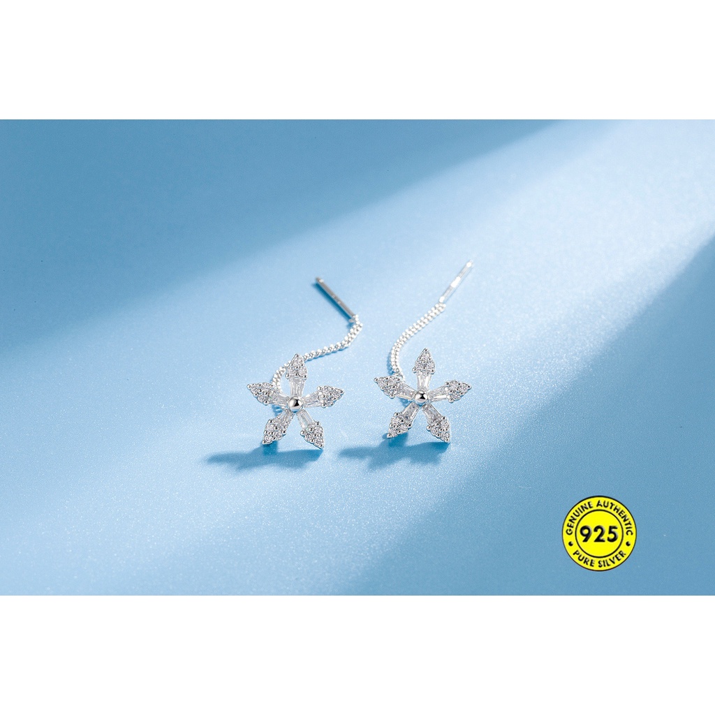 Anting Tusuk Gantung Panjang Sterling Silver 925 Desain Bunga Hias Kristal Untuk Wanita U937