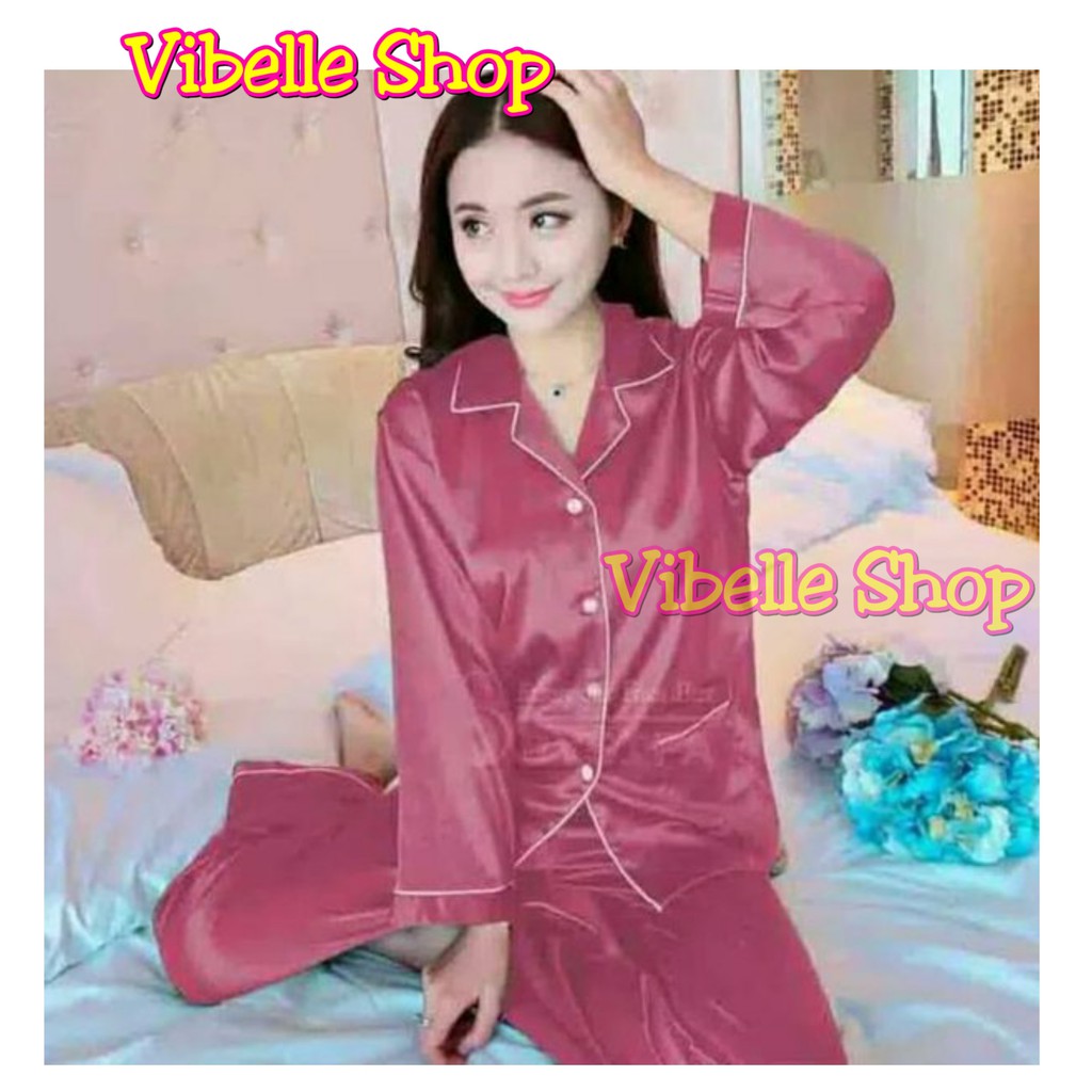 SATINPP - Vibelle Baju Tidur Piyama Satin Silky Velvet Premium Wanita-Pink Dusty