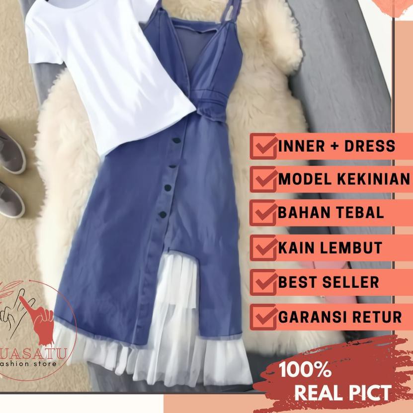 ✼ Midi Overall Dress Baju Wanita Korean Style Casual Pendek Tanpa Lengan Gaun Dres Korea Biru Wanita