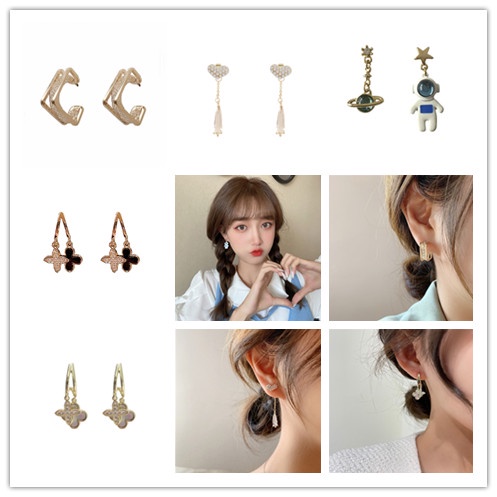 Anting Tusuk Gantung Wanita Desain Hati / clover / Astronot / Daun Semanggi Gaya Korea / Elegan Untuk Hadiah