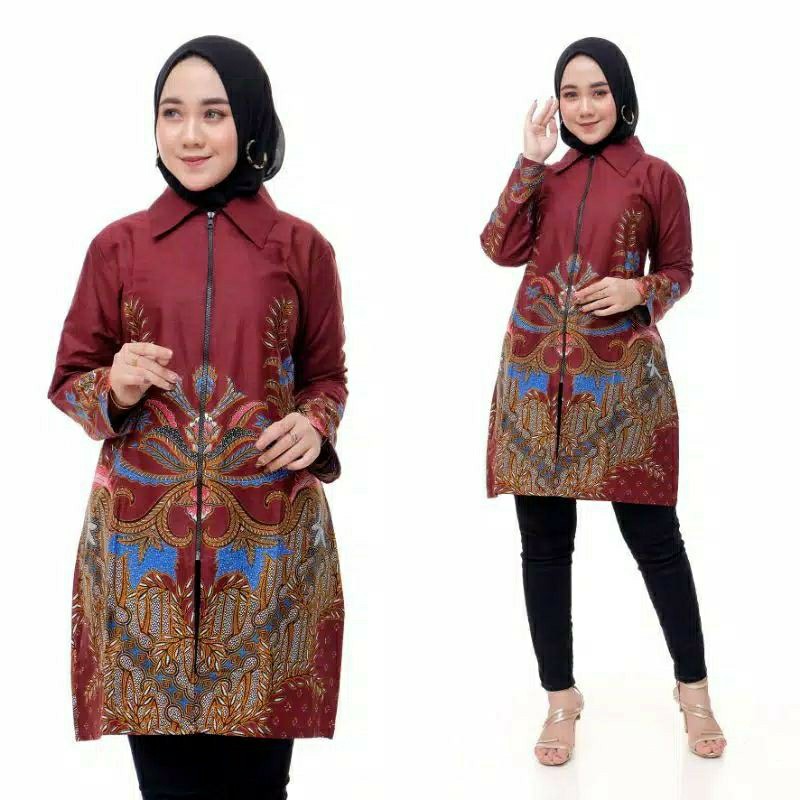 Pakaian Atasan Wanita Tunik Batik Ziper Size M L Xl Termurah