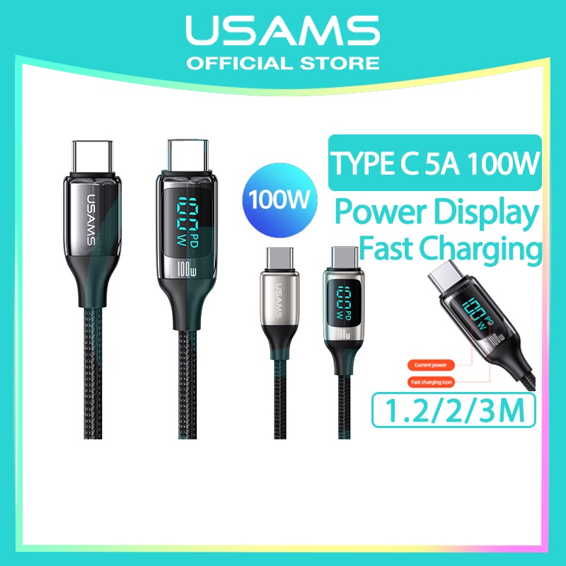 USAMS Official Original Kabel Data U78 PD Fast Charging Type-C To Type-C 100W Digital Display Charging &amp; Data Cable Kabel USB 5A 100W 2/ 3M Fast Charger Ori For Oppo/ Xiaomi/ Realme/ Vivo/ Samsung / Honor/ Android HP IP 11 12 13 Pro 8 7 6 Plus 6s 5s