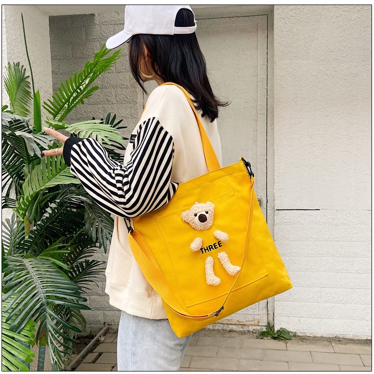 Tas Tote Bag Wanita Fashion Cute Bear Bahan Kanvas Desain Zipper Simple Cross Body