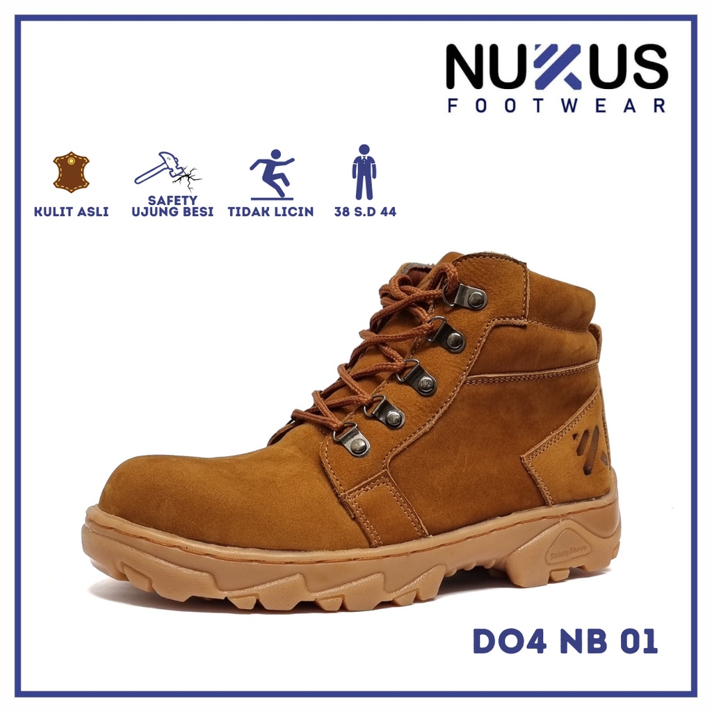 Nukus Sepatu Safety Boots Outdoor Pria Kulit Nubuck Asli Coklat Tan - D04 NB 01