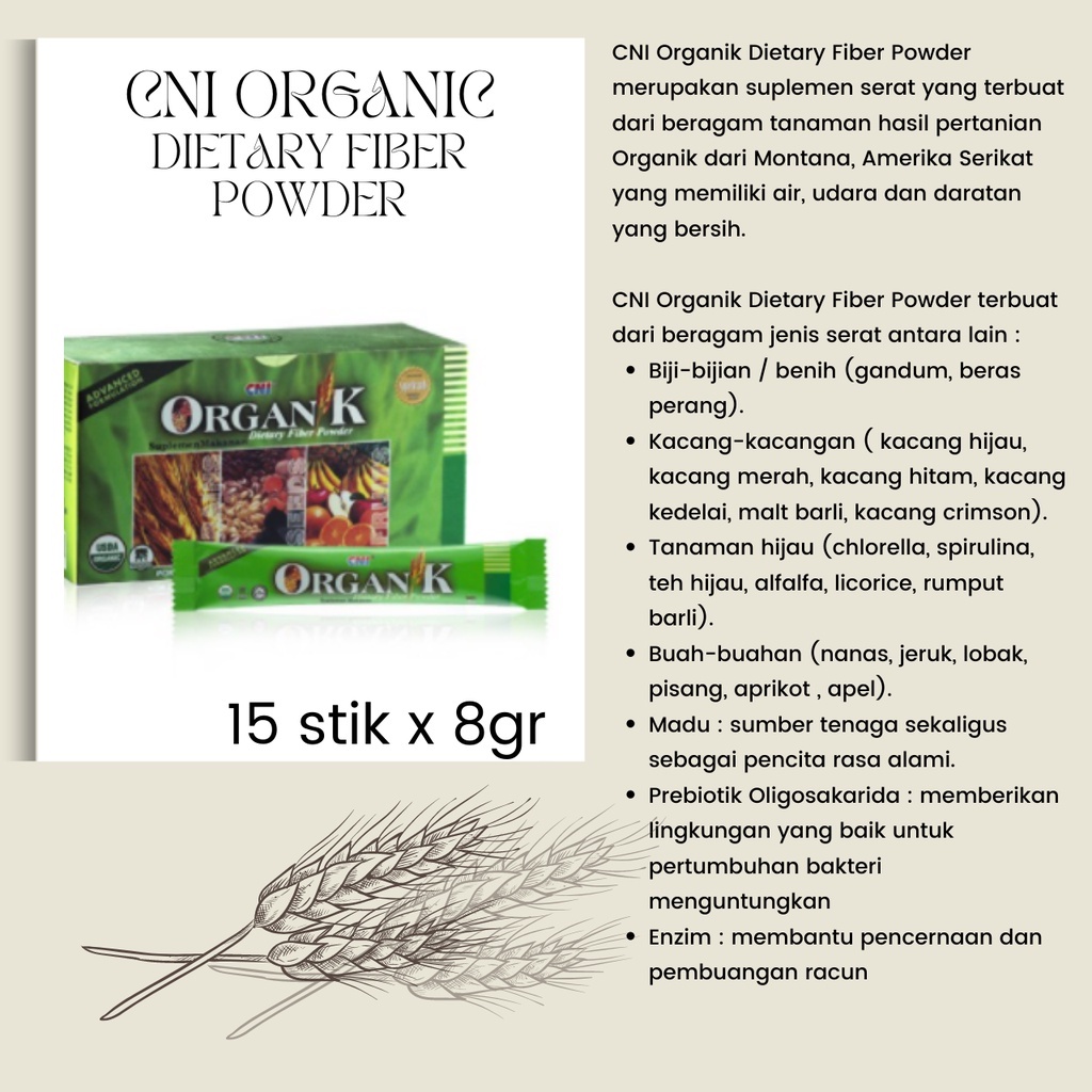 Cni Oganik Fiber Dietary Powder Suplemen Serat Menurunkan Resiko Kolesterol Kegemukan 15 Stik 8gr