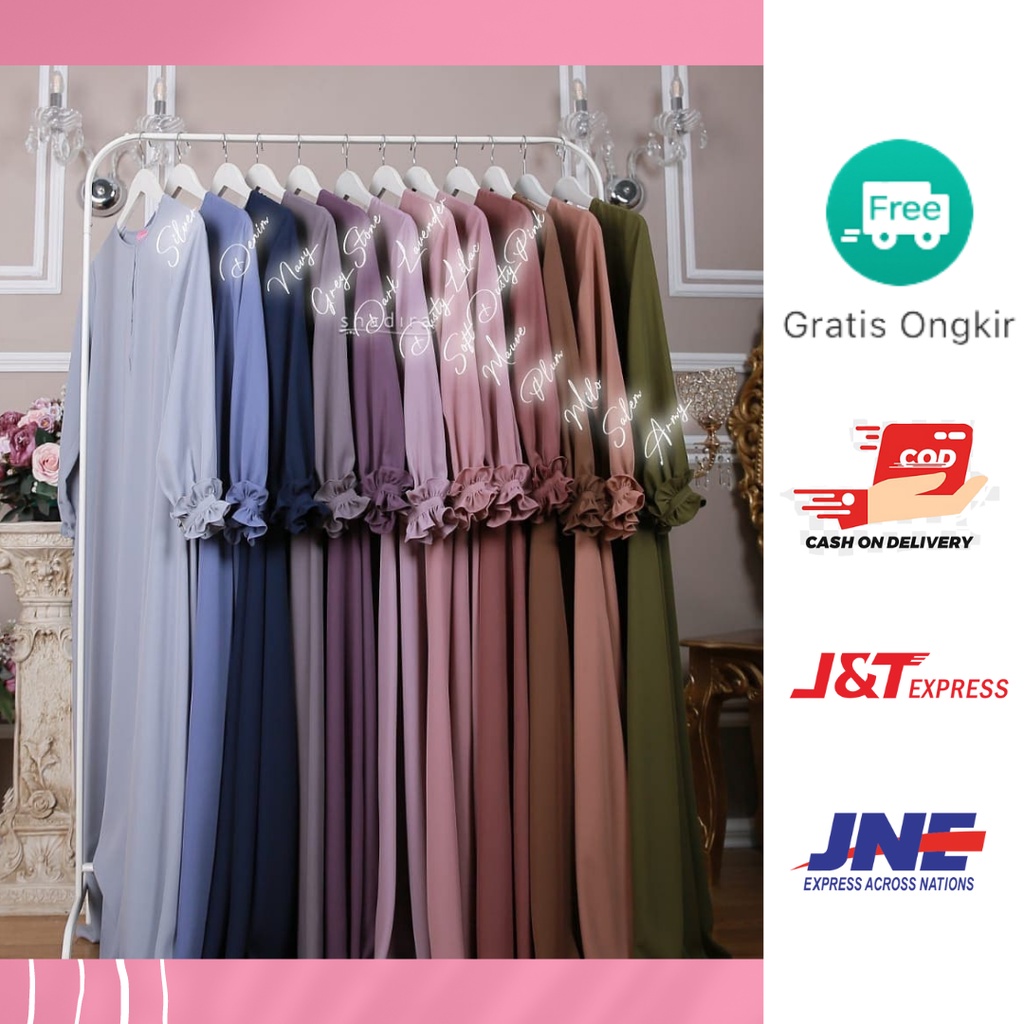 READY STOK DAHLIA DRESS by shadira GAMIS TERBARU MURAH SYAR'I BAHAN WOLFIS/ WOLPEACH GRADE A, gamis 