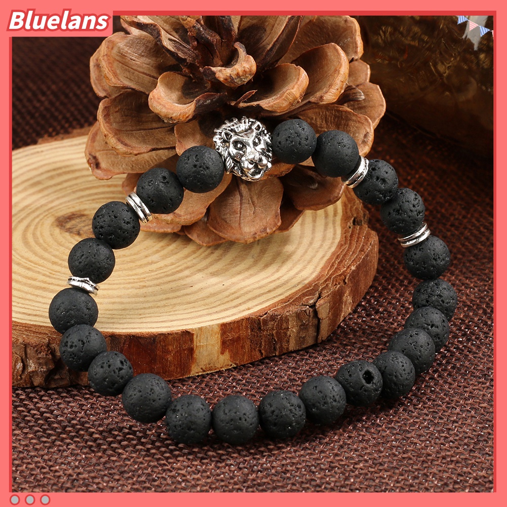 1pc Gelang Manik-Manik Batu Lava Adjustable Desain Kepala Singa Untuk Pria