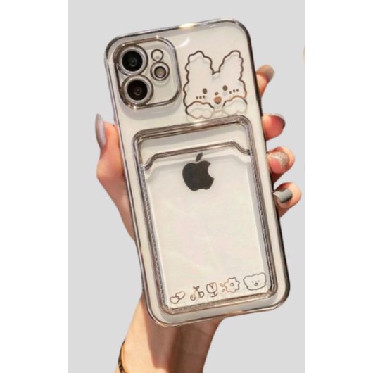 Soft Case iPhone 11 Slot Photocard K-Pop/ Kartu ATM Silver Bunny Kelinci