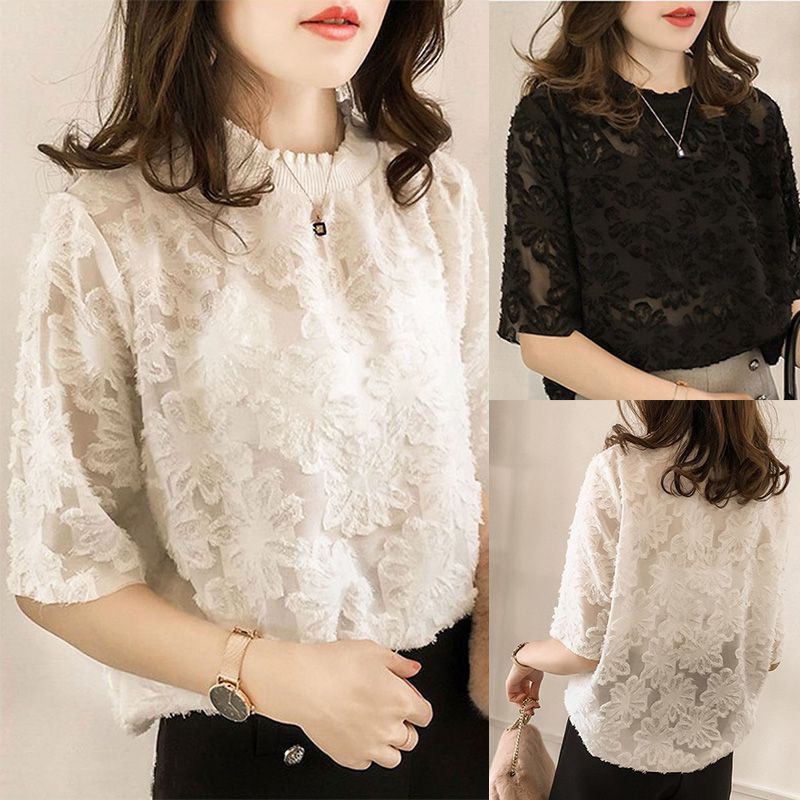 Atasan Blus Model Renda Longgar dengan Kerah Lapel & Motif Bunga, Bahan Sifon