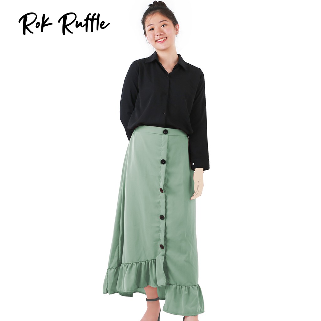 Rok Ruffle PANJANG Rample Korea Rok Kancing Button Skrit Pinggang Karet - YELONIX-HIJAU PASTEL
