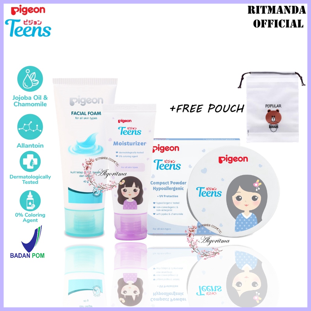 PIGEON Teens Remaja Paket Ekonomis - 3 pcs ( Facial Foam 40 gr + Moisturizer 20 mL + Compact Powder 