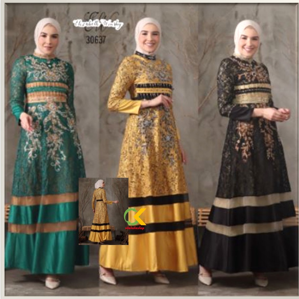 Baju Gamis Pesta Mewah Elizabethwinsby 30637 Bibiq Fashion Maxidress Baju Muslim Brokat Bahan Satin mix Brukat Terbaru