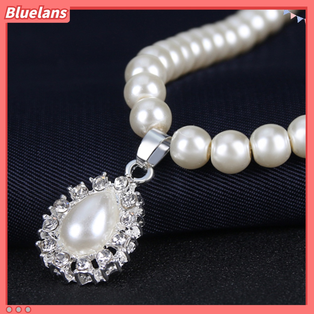 Bluelans Set Kalung + Anting Tusuk Gantung Mutiara Imitasi Bentuk Tetesan Air Untuk Wanita