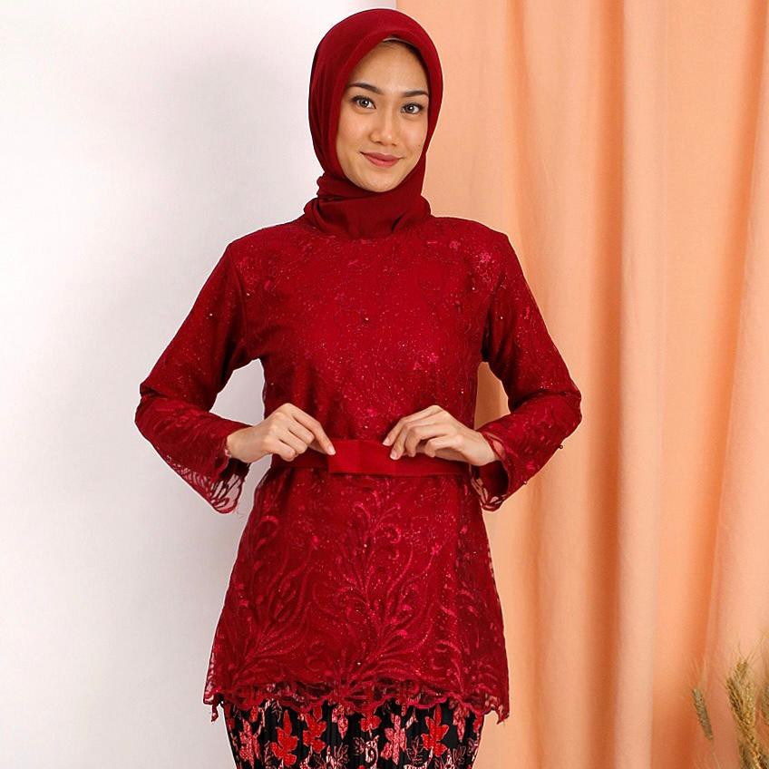Kebaya Manohara Tulle Tille Bordir Brukat Mewah Brokat Muslim Wisuda Tunik Kondangan Nikahan !!-MAROON ATASAN AJA