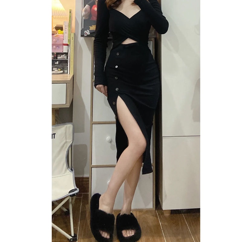 gaun gaya korea desain potongan jahitan gaun rok midi slim fit slit menunjukkan panjang kaki paket r