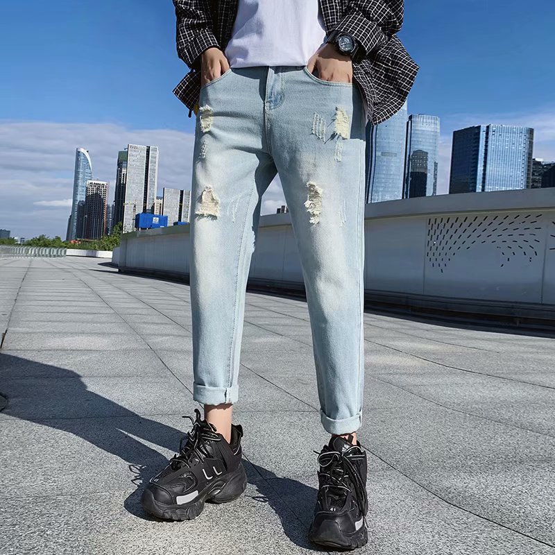 Lubang sembilan poin celana jeans pria musim gugur versi Lubang sembilan poin celana jeans pria musim gugur versi