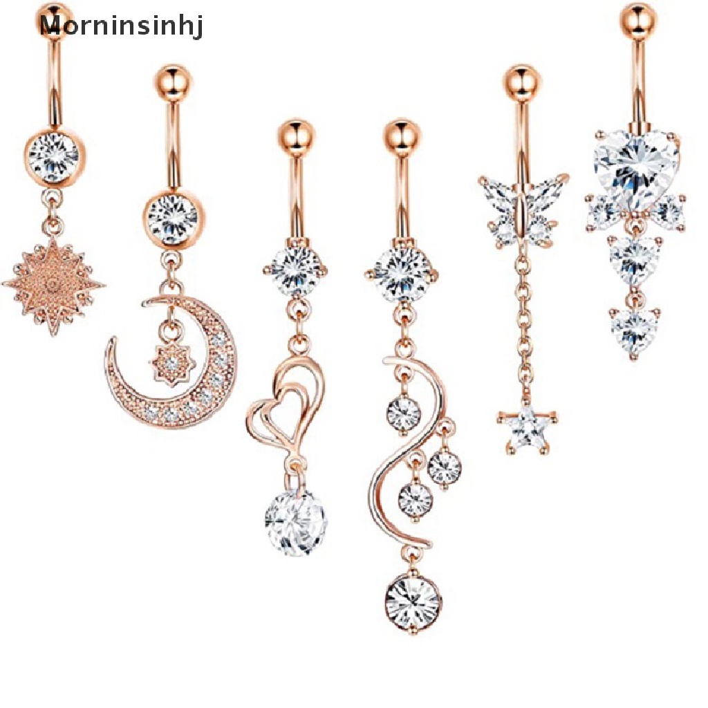 Mornin 6 Pcs Kristal Zirkon Bulan Hati Menjuntai Pusar Tindik Perut Cincin Perhiasan Tubuh id