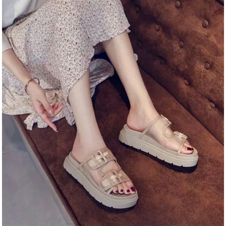 AGI0399 Sandal Slop Wanita Fashion Import Double Strap Buckle Ready Jakarta Bisa COD (With Box)