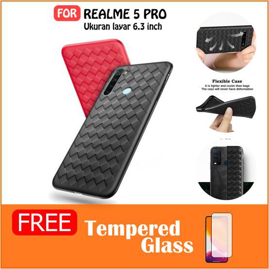 Case Realme 5 Pro Softcase Woven motif Anyaman Tenun-Free Temperred Glass