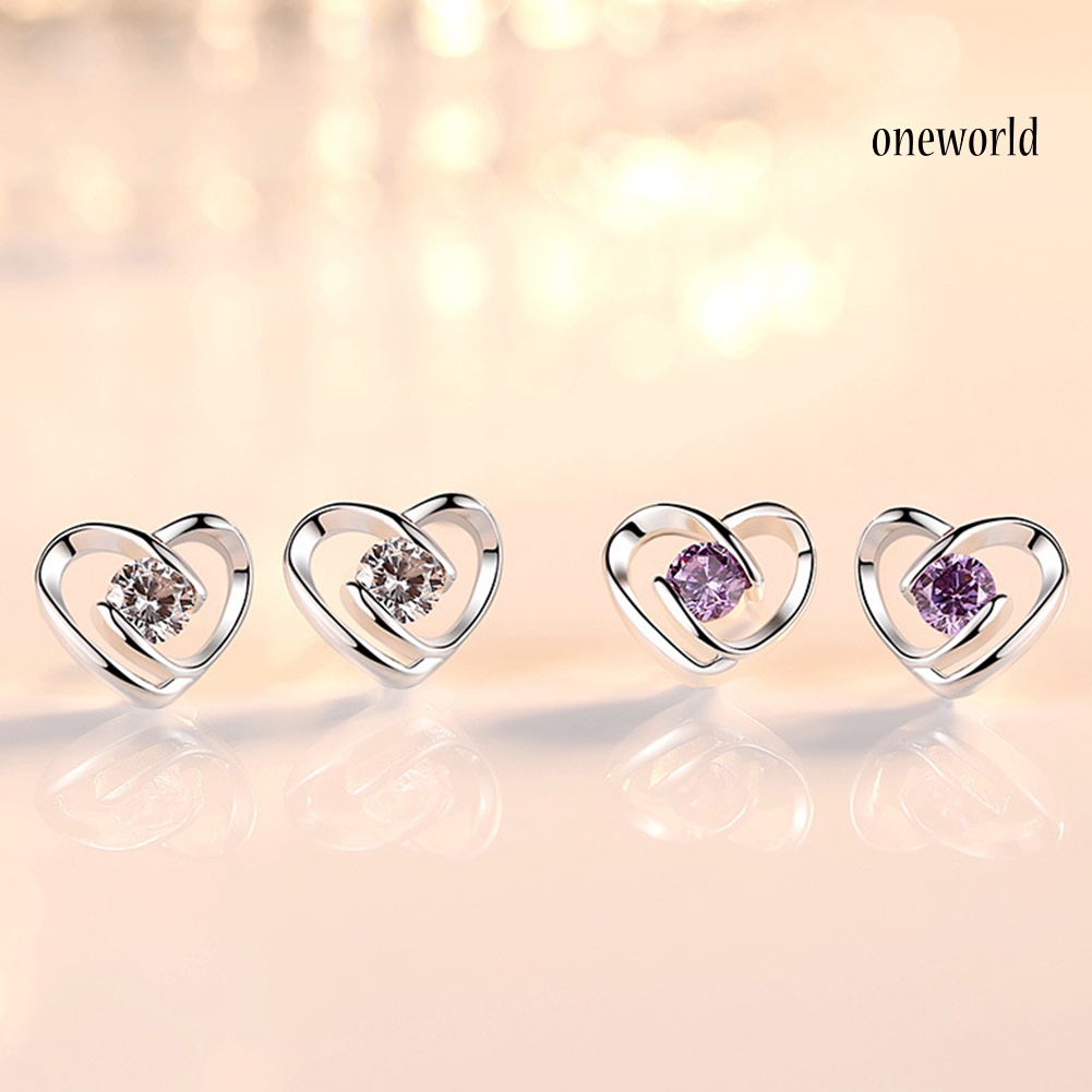 OW# Fashion Women Cubic Zirconia Inlaid Swirl Heart Ear Stud Earrings Jewelry Gift