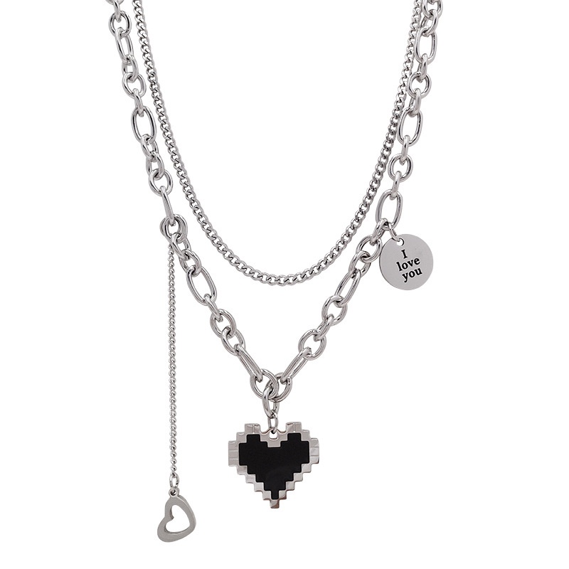 YEEZII Retro Multilayer Chain Necklaces Creative Silver Mosaic Heart Pendant Choker Necklace for Women Accessories Jewelry