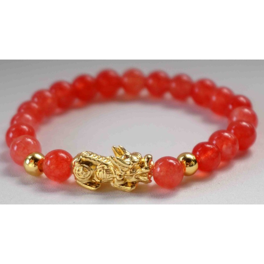 Gelang Batu Giok Merah Muda 8mm Kepala Naga - Kharisma
