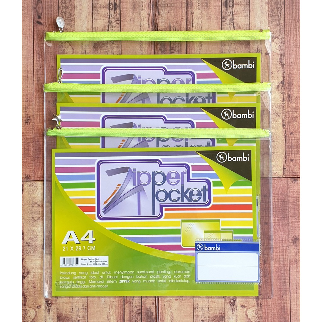 Zipper Pocket Bambi A4 Card Case di Dalam 24x33cm - Map Kantung Resleting Transparant + Tempat Kartu