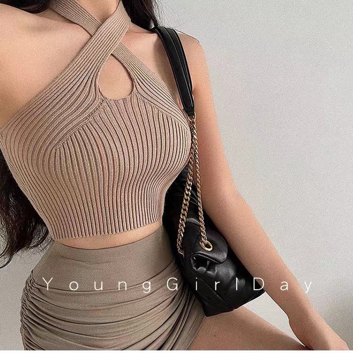 Women Halter Neck Sleeveless Crop Top Atasan Wanita Rajut 2654