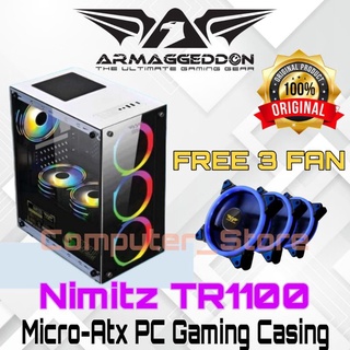 Casing PC Gaming Armaggeddon NIMITZ TR1100 White / Black FREE 3 Fan Mini ITX Micro ATX Side Front Tampered Glass Casing Gaming Murah With PSU Bronze 235FX 475 Watt