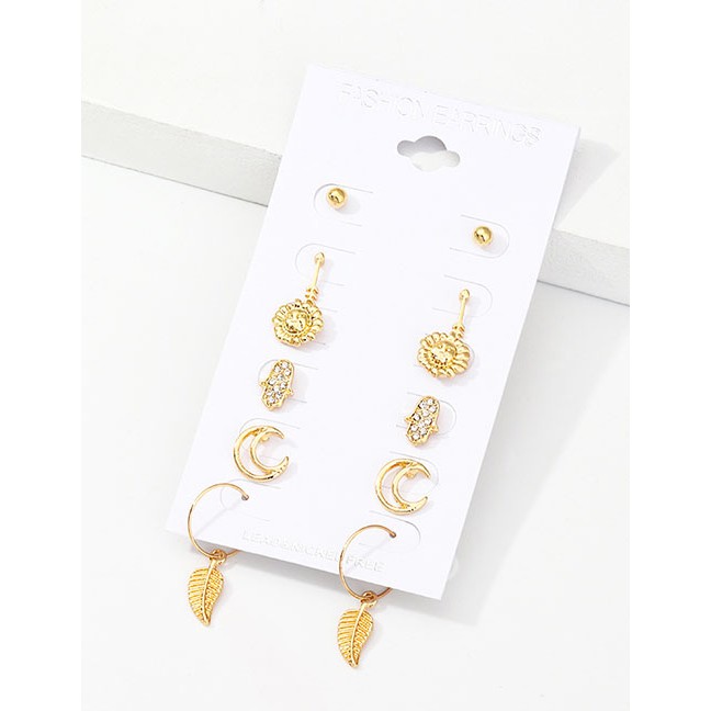 LRC Anting Tusuk Fashion Gold Alloy Sun Moon Leaf Earrings F75597