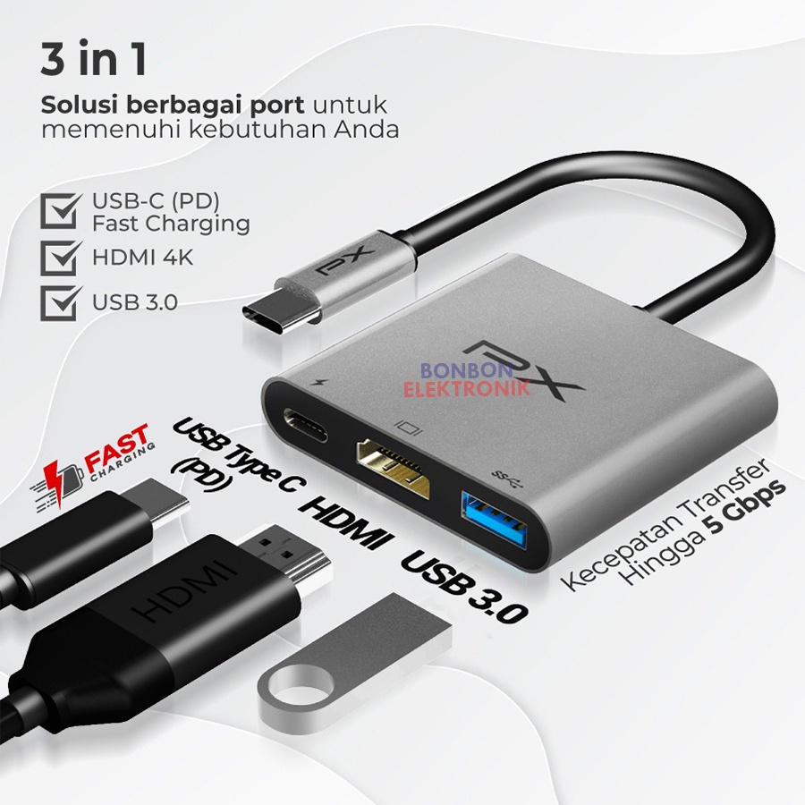 PX UCH03 Hub Converter Type C 3.1 Macbook Laptop to USB 4K HDMI 3 in 1