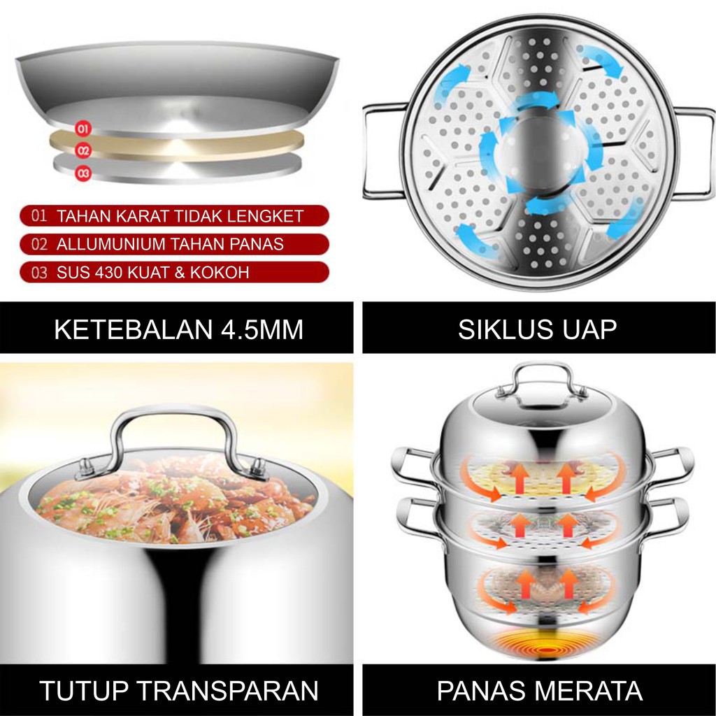 Panci Stainless Steel 2-3 Level Susun Pengukus Serbaguna Steamer Perebuspanci Kukus