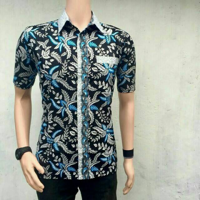 Risna Batik HRB026 kenongo Kemeja Hem pendek padi pekalongan M L XL MURAH KEREN bati pria wajik biru