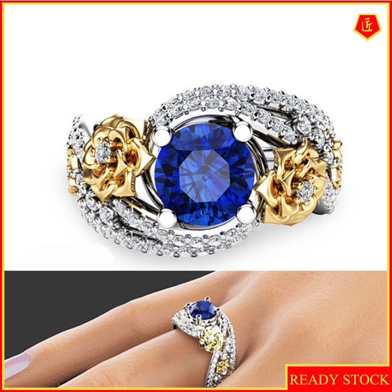 [Ready Stock]18K Micro-Inlaid Sapphire Gold Flower Color Separation Ring