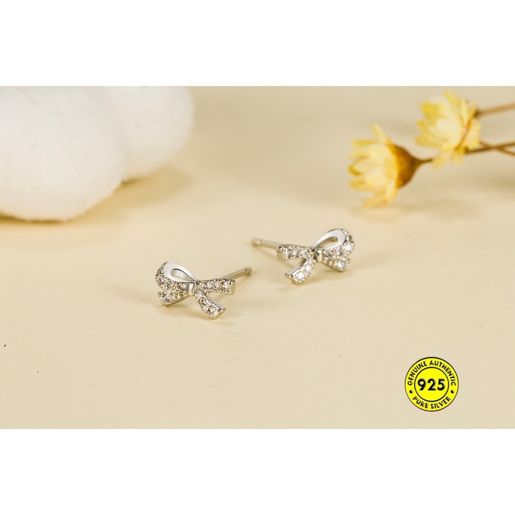 Anting Tusuk Sterling Silver 925 Desain Pita Hias Berlian Imitasi Simple Untuk Wanita