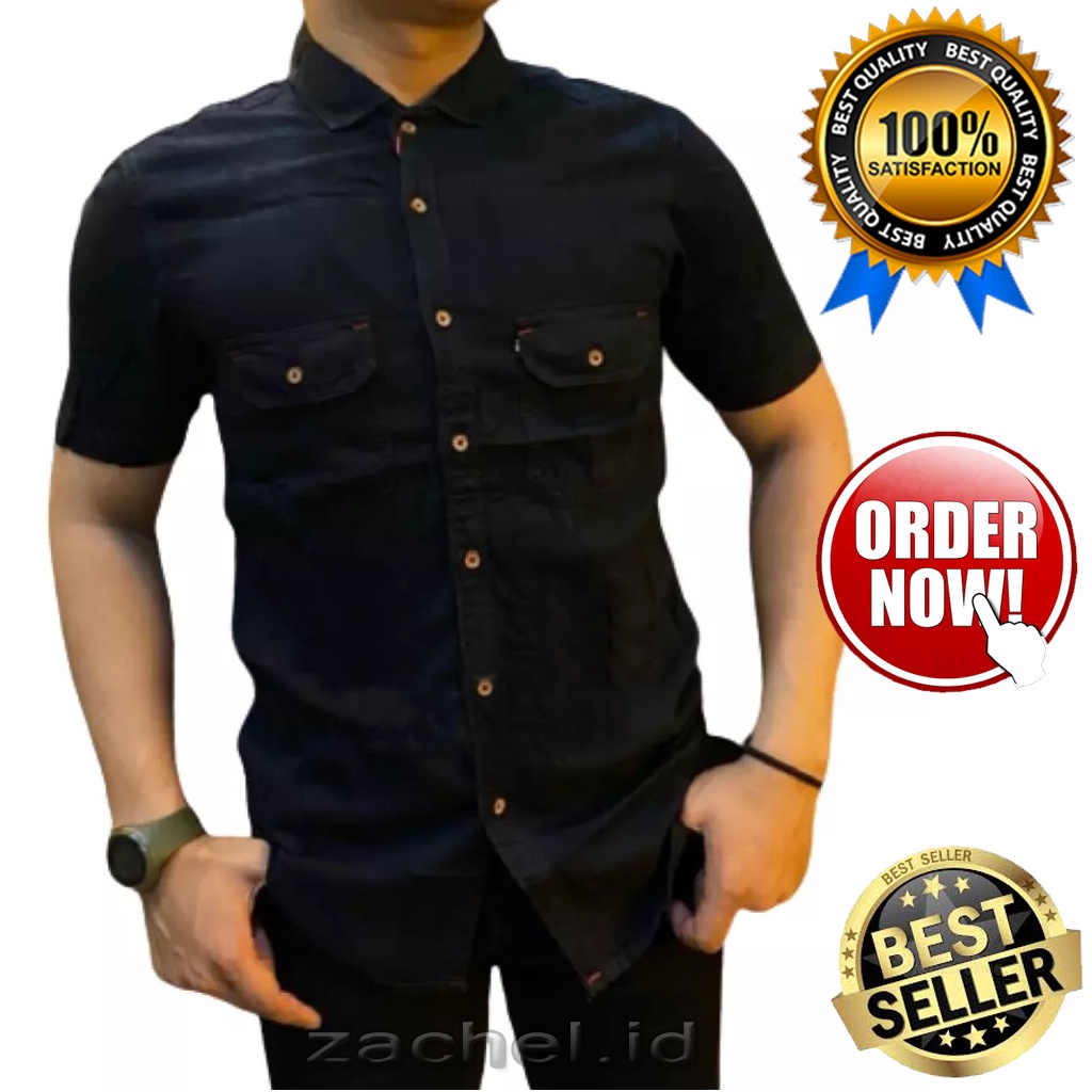 Kemeja Jeans Denim Kasual Lengan Pendek Pria Model Polos Dan Snow Wash