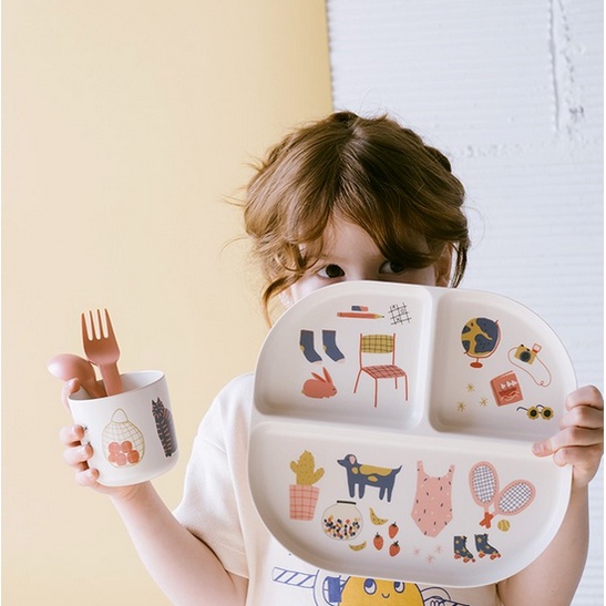 EKOBO Bamboo Illustrated Kids Dinner Set - Peralatan Makan Anak Set Perlengkapan Dinner Makan Anak