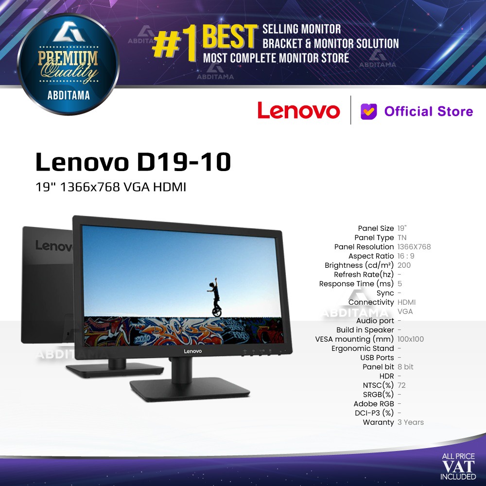 Monitor LED Lenovo D19 D1910 D19-10 19&quot; 1366x768 VGA HDMI