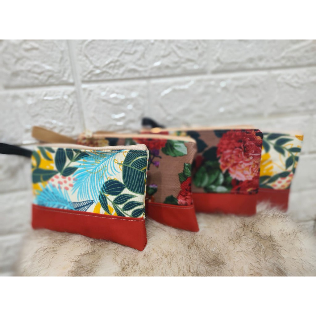 souvenir dompet pouch kanvas motif kombinasi polos / tekstur sofenir terlaris tahun ini