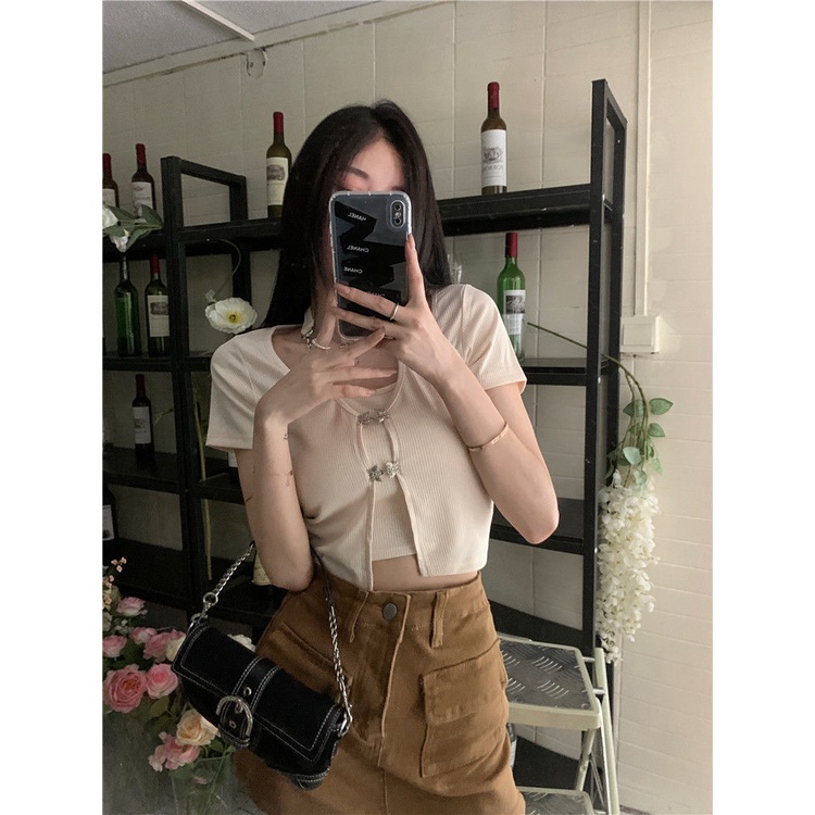 2022 Musim Panas Baru Gadis Panas Acara Navel Show Tipis Palsu Dua Potong Menggantung Leher Lengan P