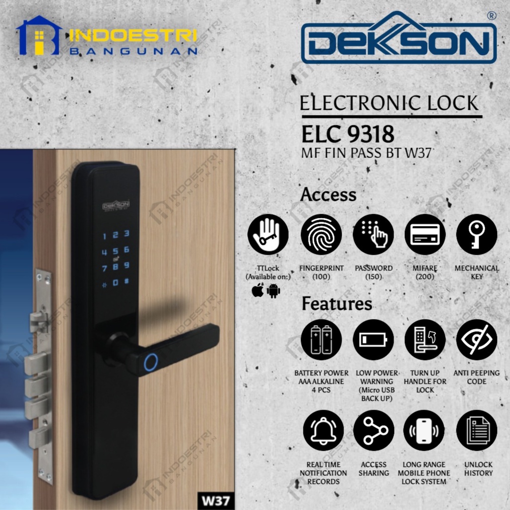Electronic Lock Dekkson ELC 9318 MF FIN PASS BT W37 BLACK / Handle Electronic Dekkson / Smart Lock D