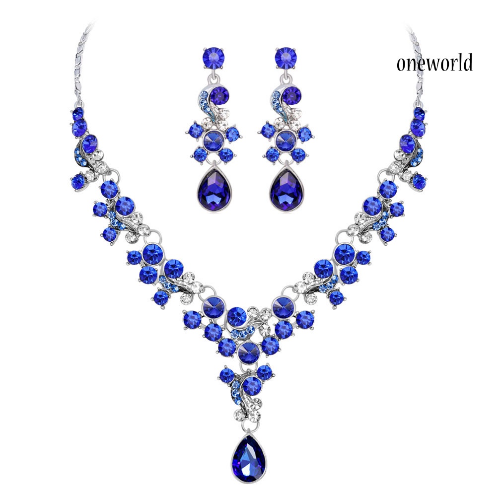 OW@ Luxury Women Rhinestone Flower Necklace Ear Stud Earrings Wedding Jewelry Set